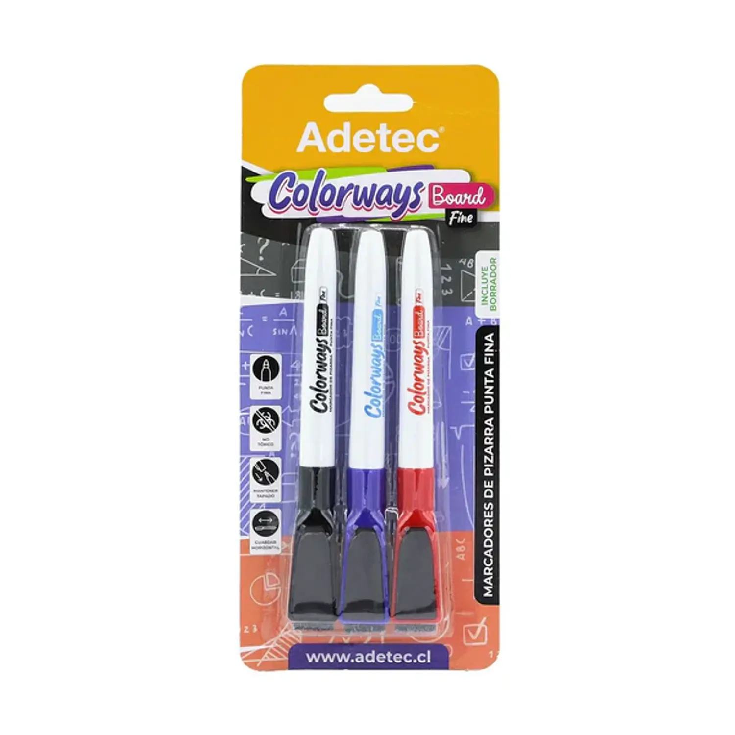 Adetec – Set 3 Plumones de Pizarra Finos Colorways Negro Azul y Rojo