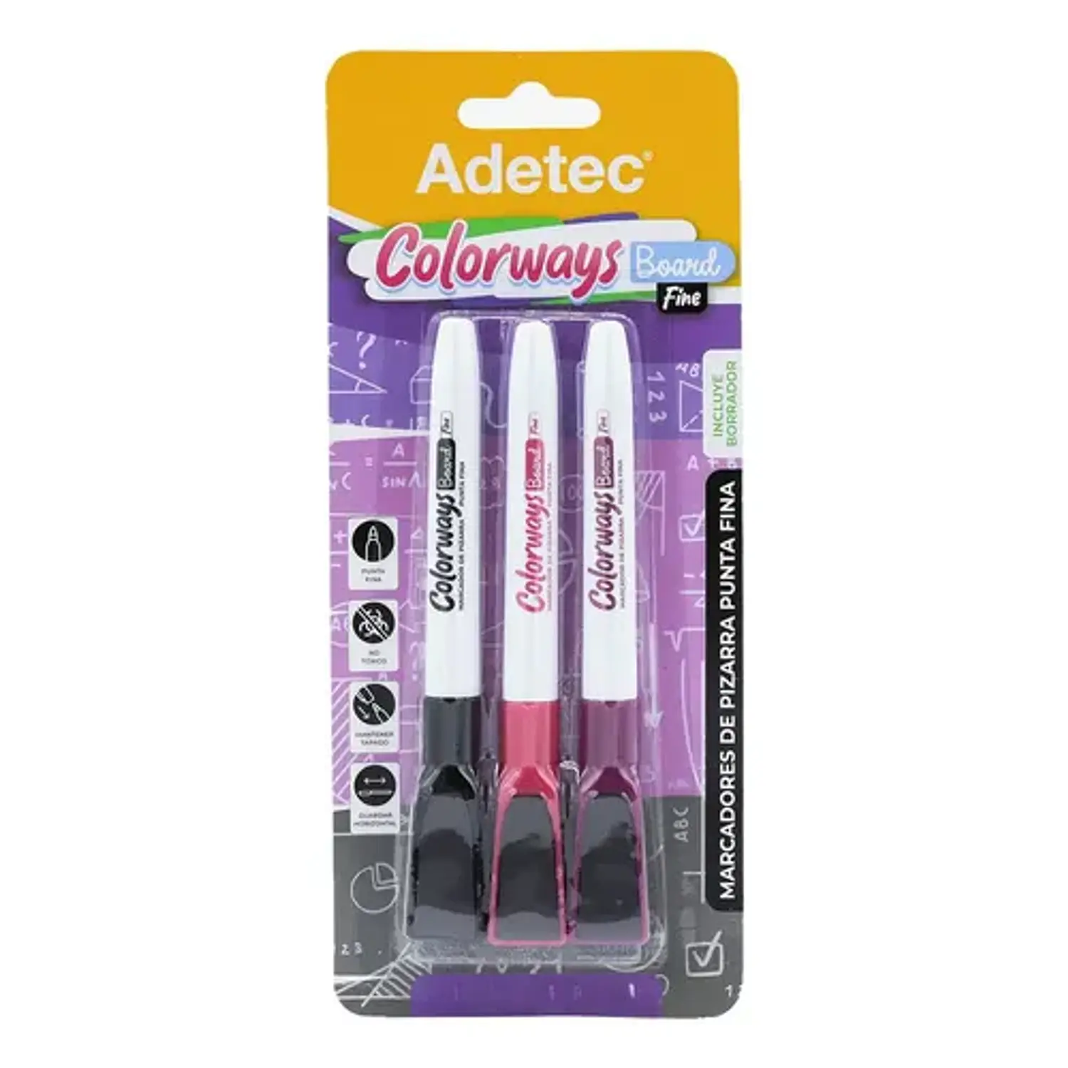 Adetec – Marcadores Punta Fina para Pizarra Pack 3 Colores Negro Rosado y Morado