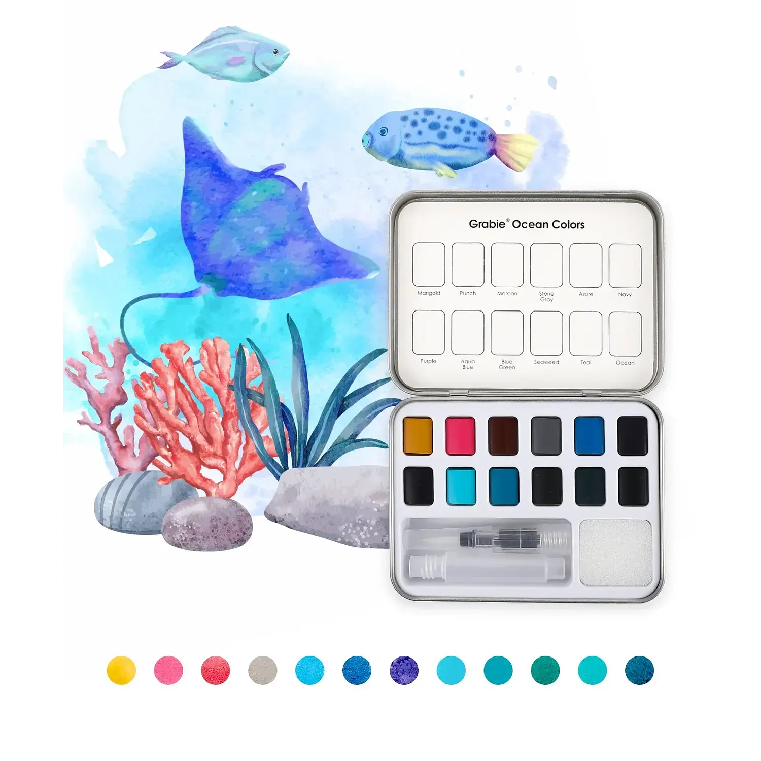 Grabie - Acuarelas en Pastilla - 12 Colores - Colores Oceano – 4