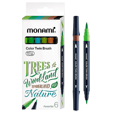 Monami - Marcadores doble punta Pincel Fino Y Grueso - 6 Tonos Bosque