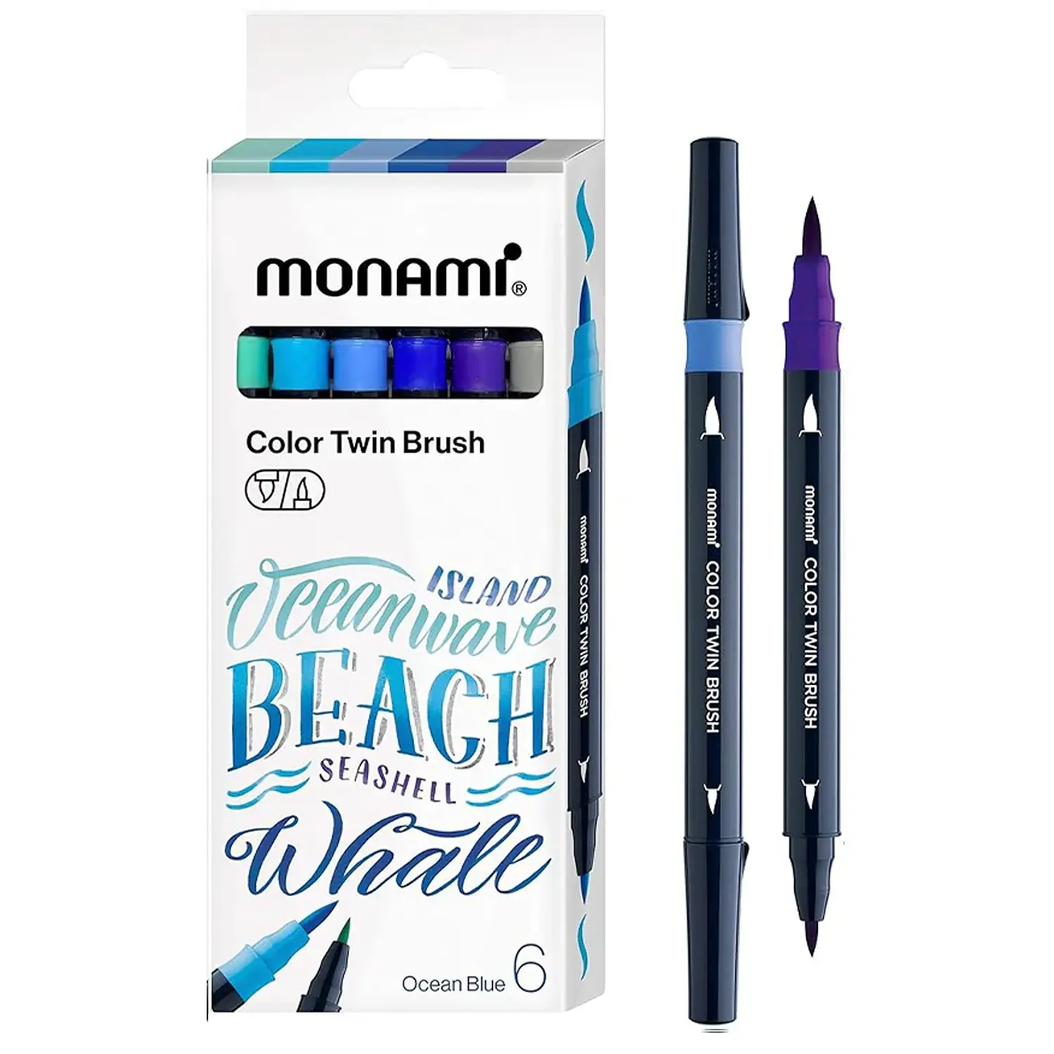 Monami - Marcadores doble punta Pincel Fino Y Grueso - 6 Tonos Mar – 1