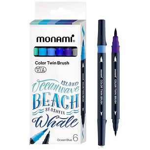Monami - Marcadores doble punta Pincel Fino Y Grueso - 6 Tonos Mar