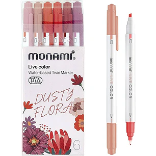 Monami - Lapices Doble Punta - Destacador y Tiralineas - 6 Tonos Florales