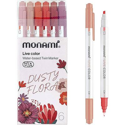 Monami - Lapices Doble Punta - Destacador y Tiralineas - 6 Tonos Florales