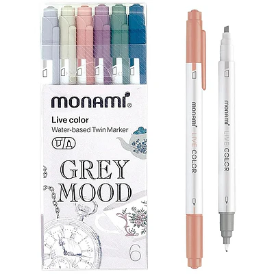 Monami - Lapices Doble Punta - Destacador y Tiralineas - 6 Tonos Grises
