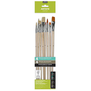 Pebeo – Set de 8 Pinceles para Acrílico y Óleo – Mango Largo – Cerda Blanca y Taklon Dorado