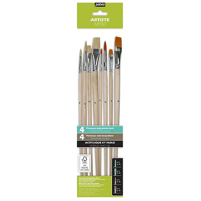 Pebeo – Set de 8 Pinceles para Acrílico y Óleo – Mango Largo – Cerda Blanca y Taklon Dorado
