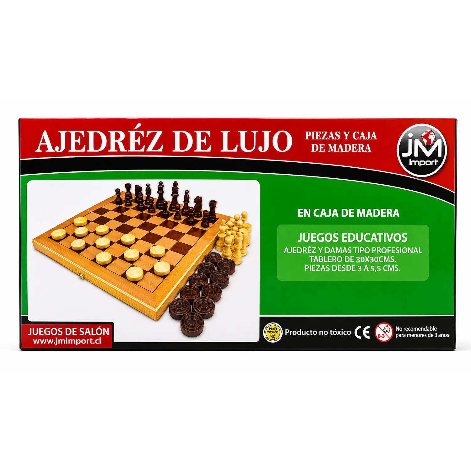 JM – Ajedrez y Damas de Lujo – Piezas y Caja de Madera – 30 × 30 cm – 1