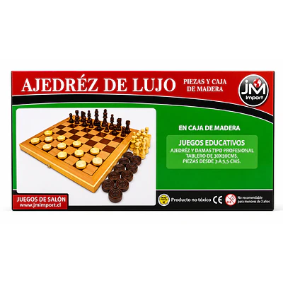 JM – Ajedrez y Damas de Lujo – Piezas y Caja de Madera – 30 × 30 cm