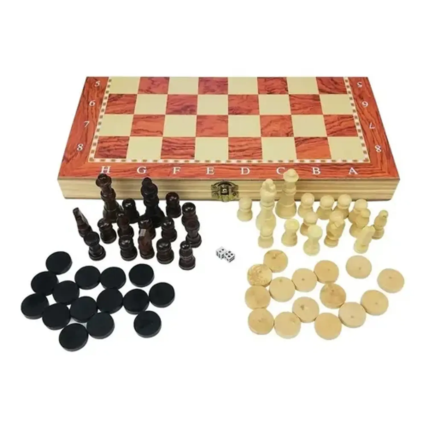 JM – Ajedrez y Damas de Lujo – Piezas y Caja de Madera – 30 × 30 cm – 2