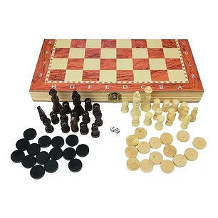 JM – Ajedrez y Damas de Lujo – Piezas y Caja de Madera – 30 × 30 cm