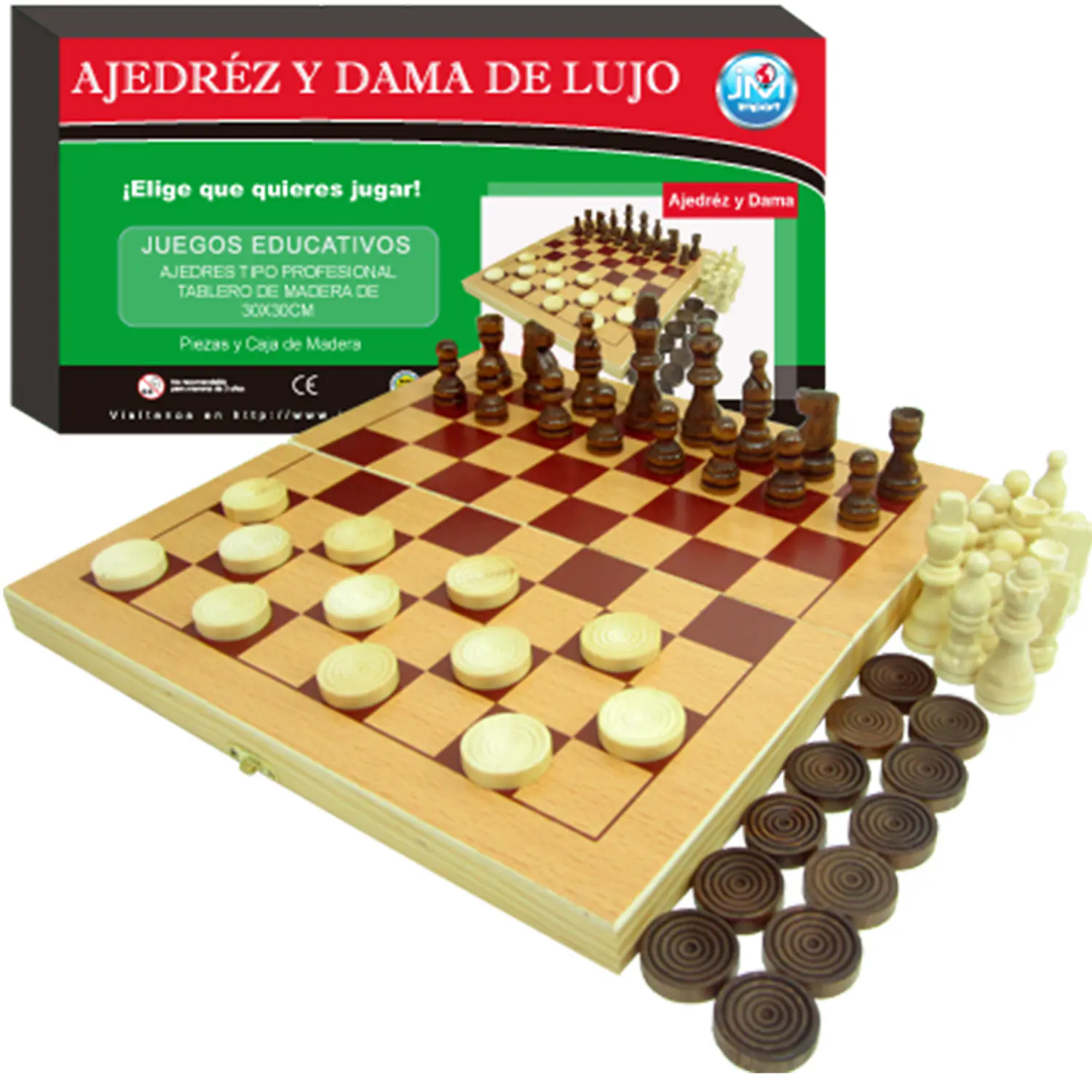 JM – Ajedrez y Damas de Lujo – Piezas y Caja de Madera – 30 × 30 cm – 3
