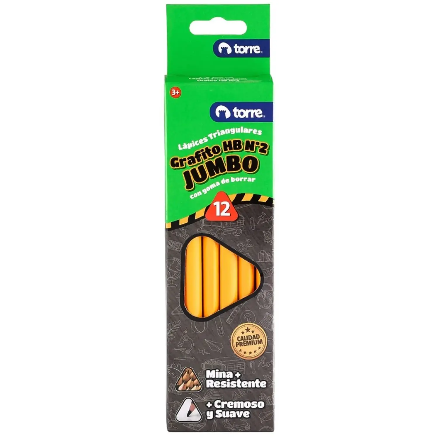 Torre – Lápices Jumbo Grafito Triangular HB N2 con Goma – 12 Unidades – 1