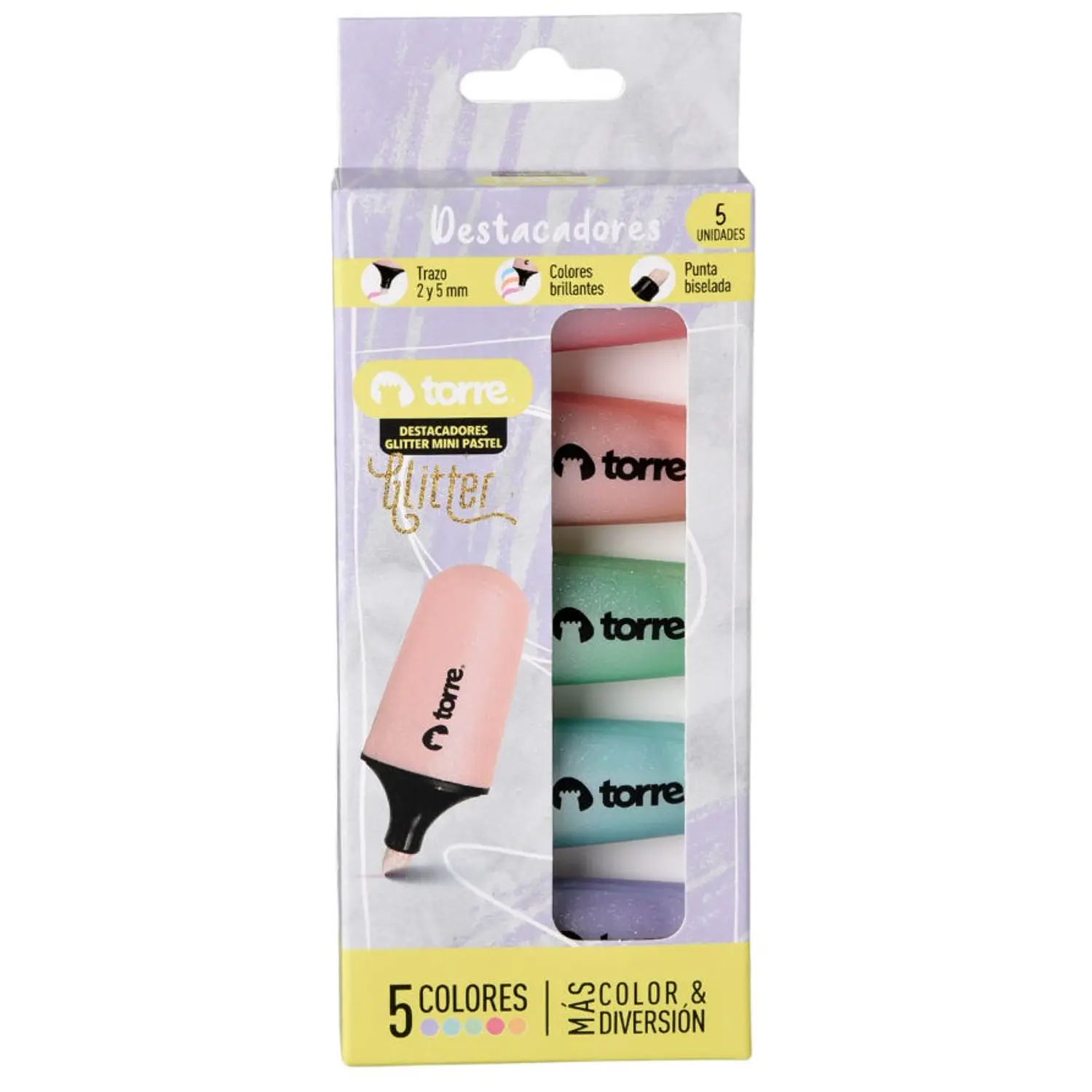Torre – Destacadores Glitter Mini Pasteles – 5 Colores – 1