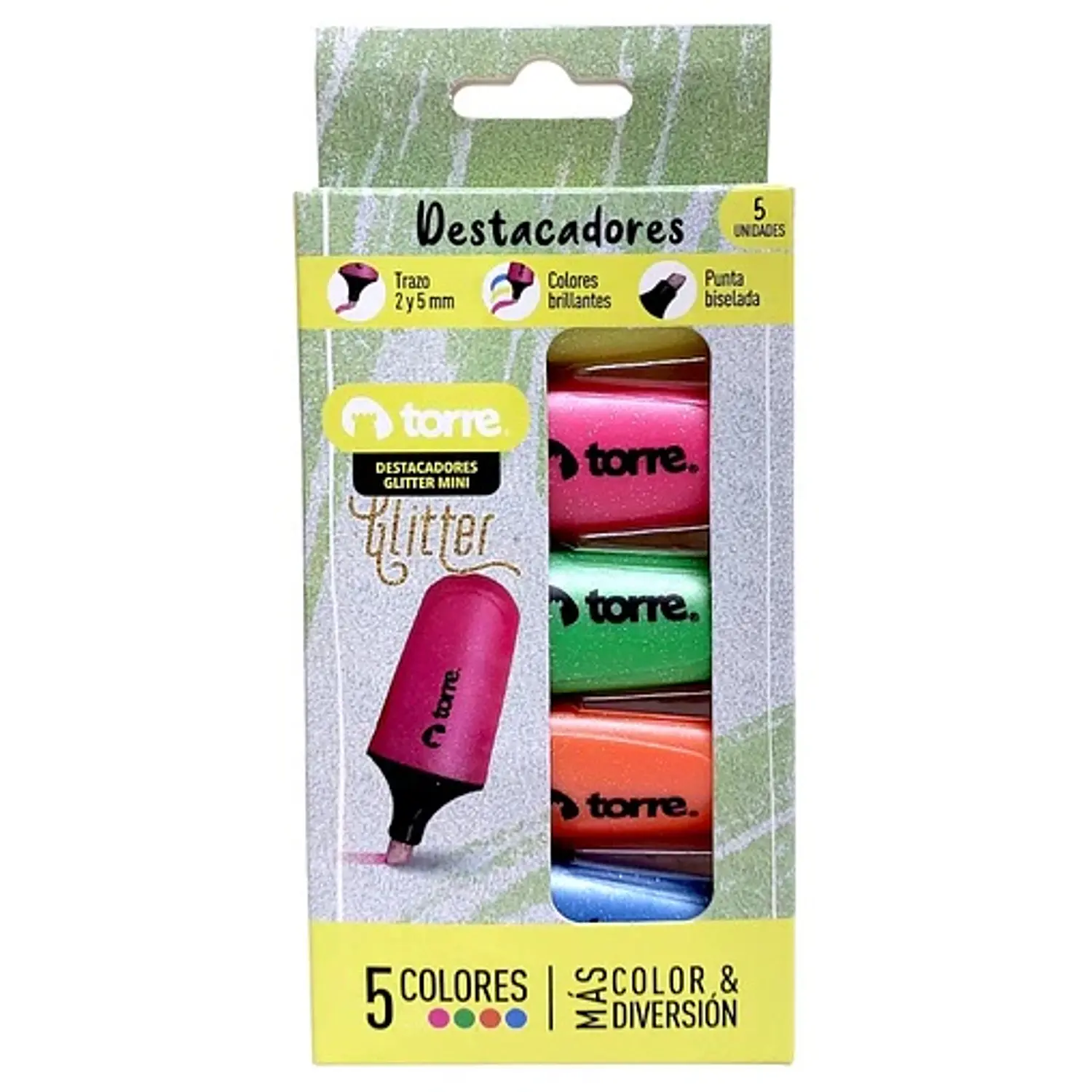 Torre – Destacadores Glitter Mini – 5 Colores – 1