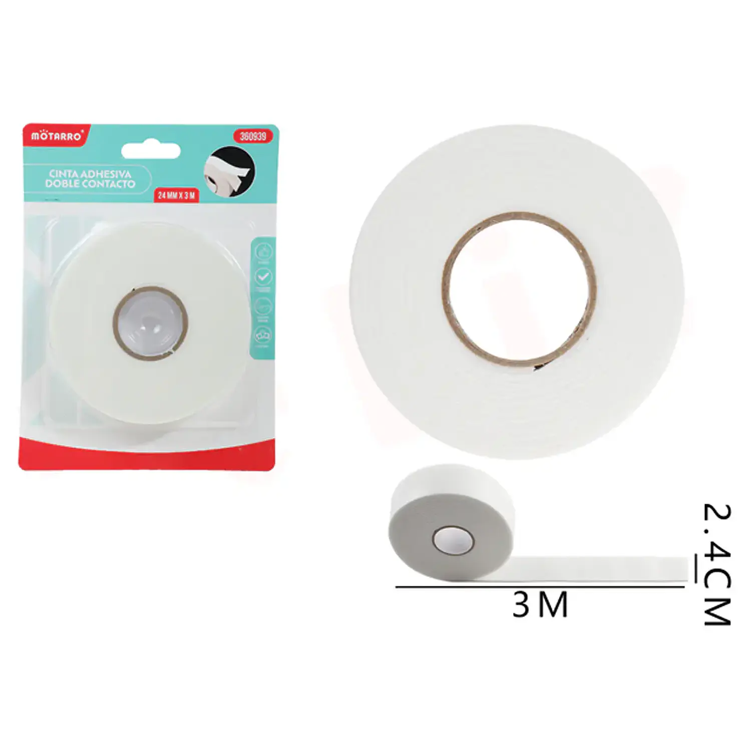 Motarro – Cinta Adhesiva Doble Faz con Espuma – 2,4 cm × 3 m – 2