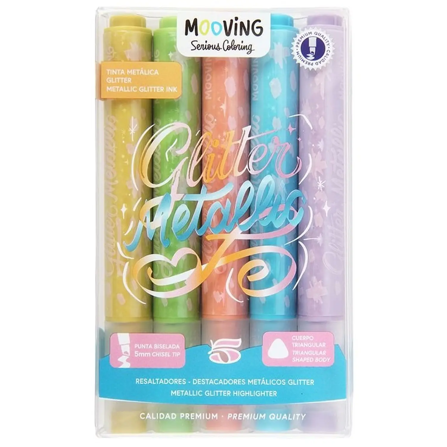Mooving – Set de Destacadores Metálicos con Glitter – 5 Colores – 1