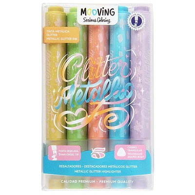 Mooving – Set de Destacadores Metálicos con Glitter – 5 Colores