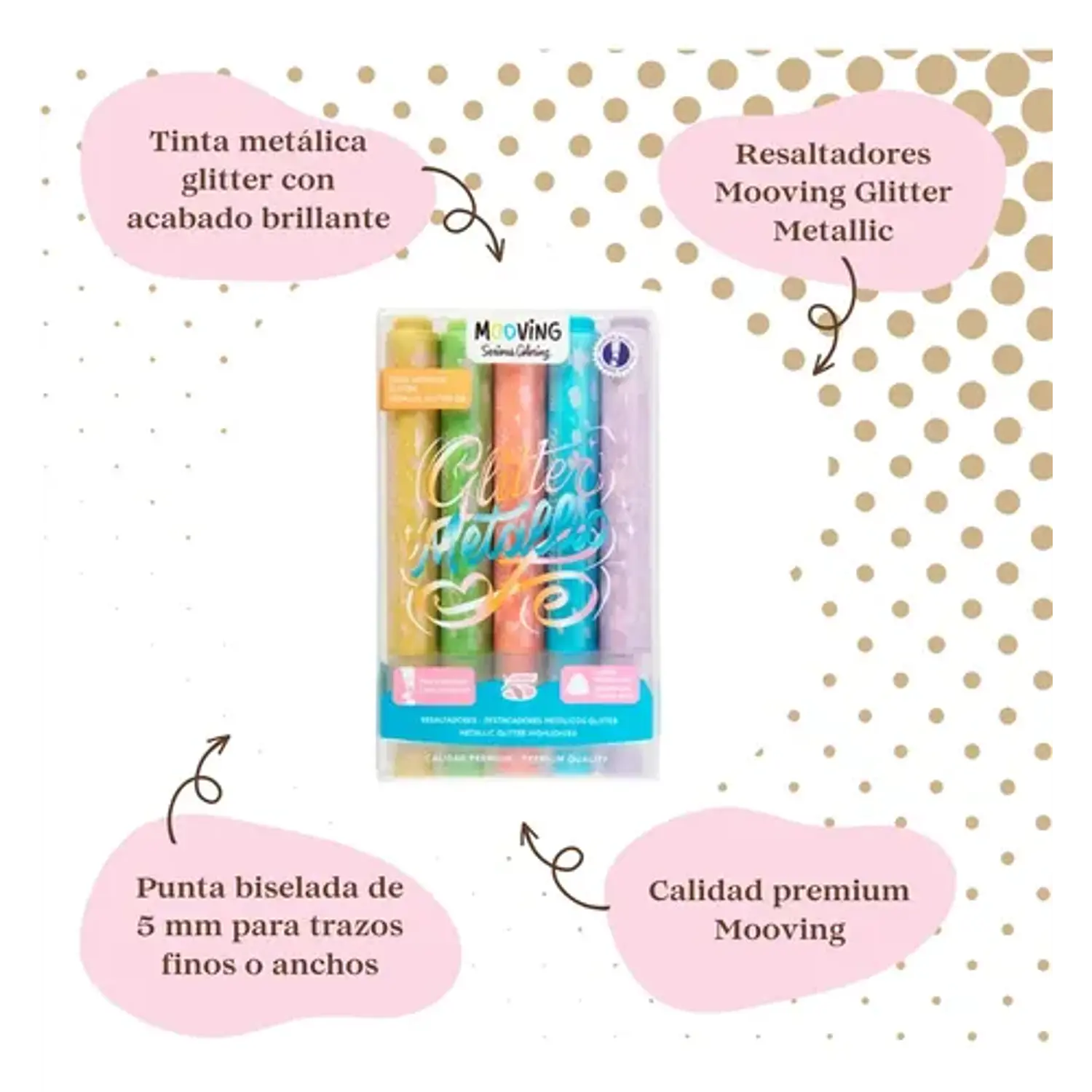 Mooving – Set de Destacadores Metálicos con Glitter – 5 Colores – 2
