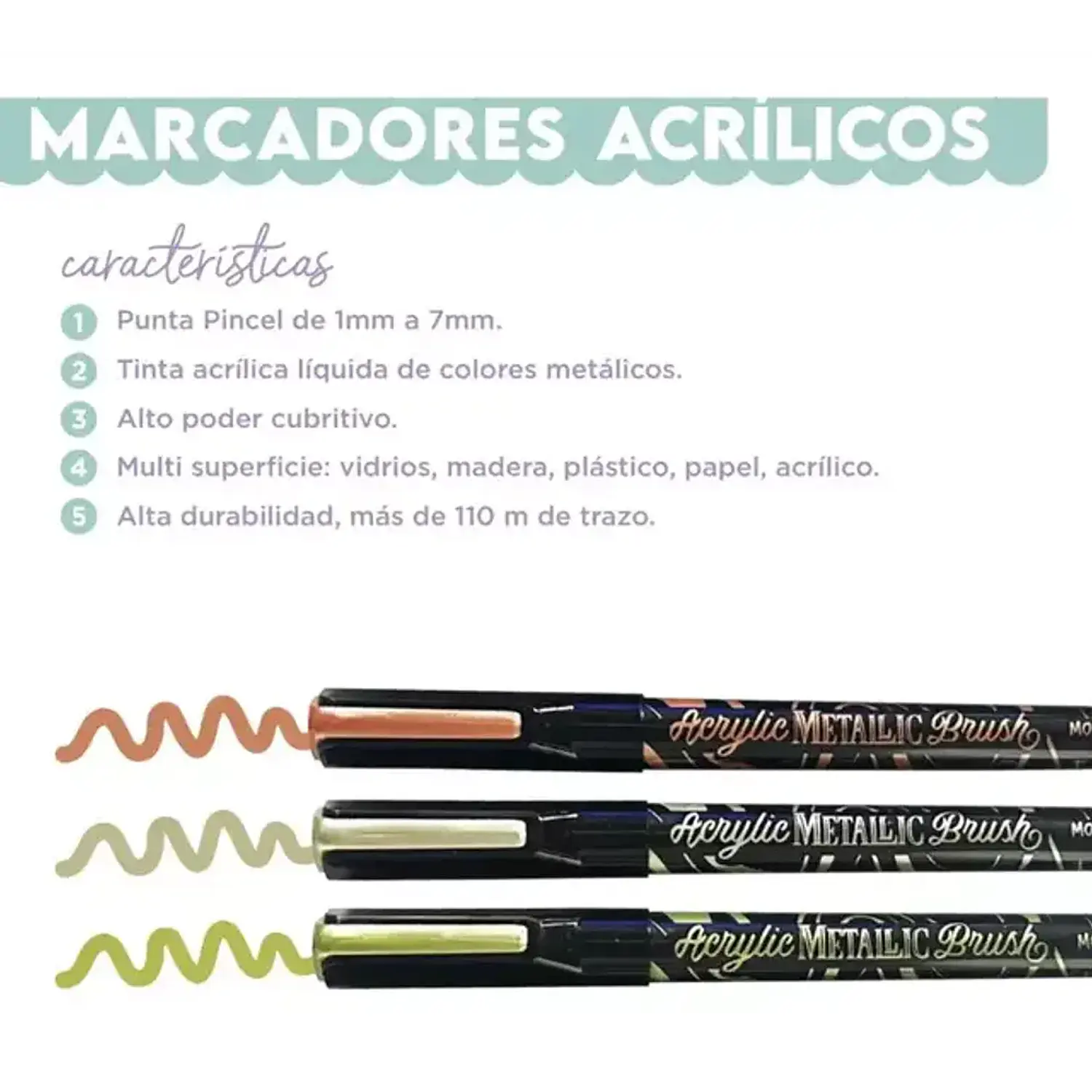 Mooving – Marcadores Acrílicos Metálicos – Punta Pincel – 12 Colores – 2