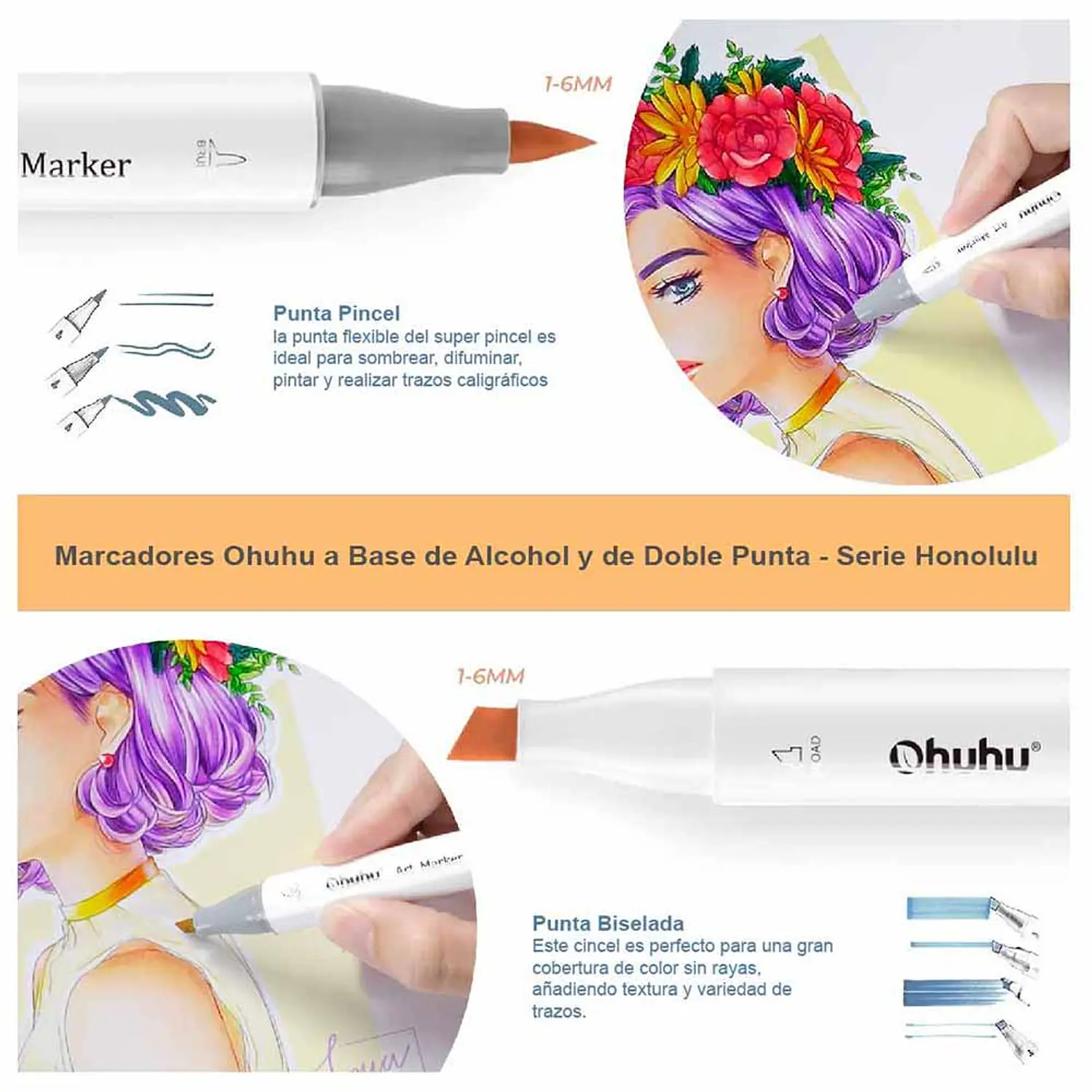 Ohuhu – Marcadores de Alcohol – Doble Punta Pincel y Biselada – 320 Colores + Blender – 3