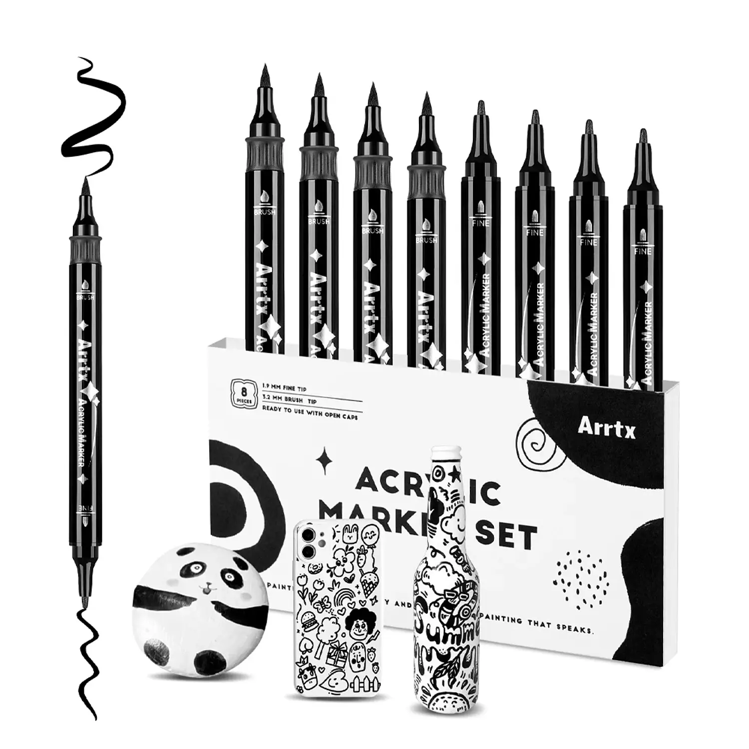 ARRTX – Marcadores de Pintura Acrílica Doble Punta – Negro – 8 Unidades – 1