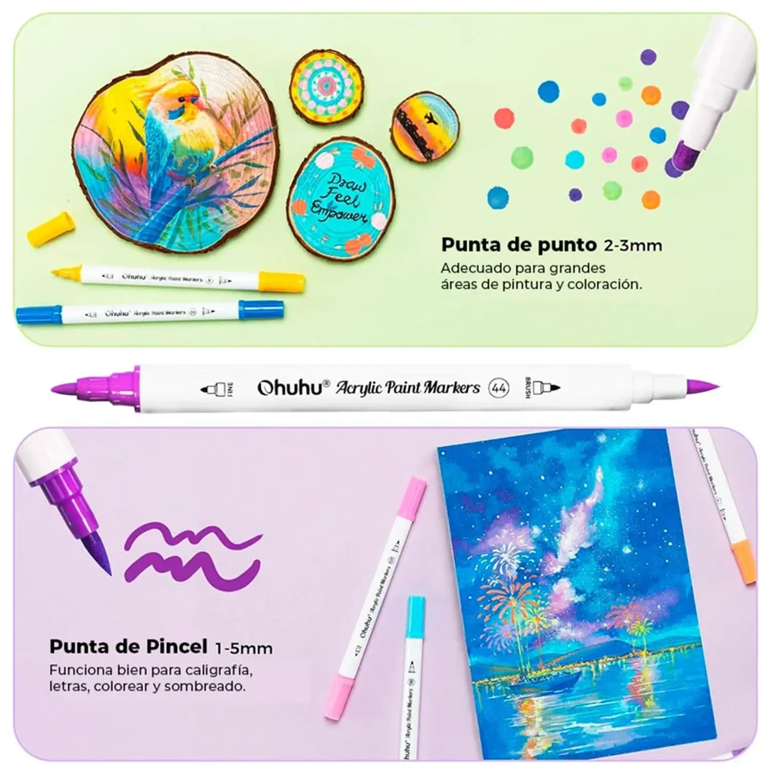 Ohuhu – Marcadores Acrílicos – 36 Colores – Doble Punta Pincel y Punto – 3
