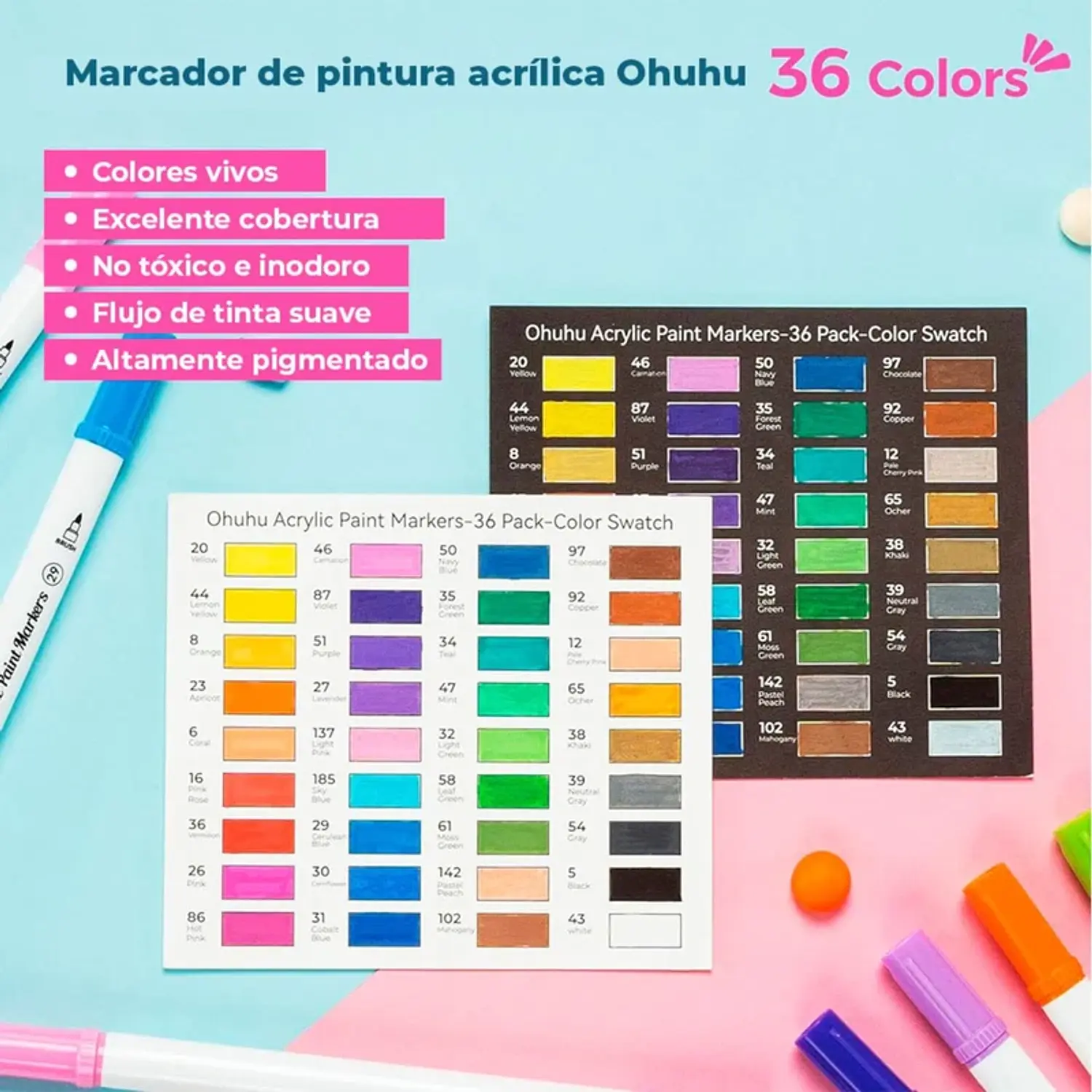 Ohuhu – Marcadores Acrílicos – 36 Colores – Doble Punta Pincel y Fina – 2