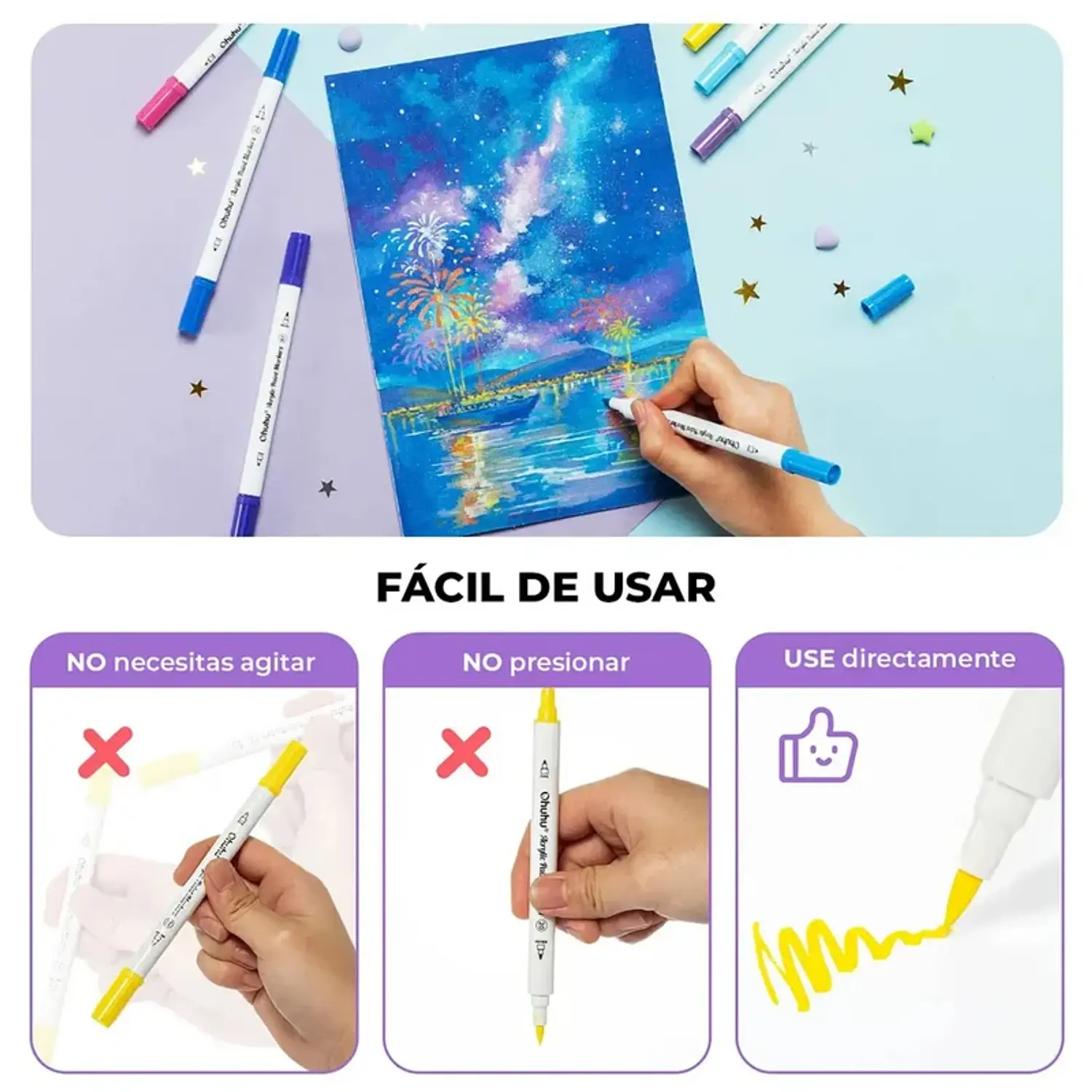 Ohuhu – Marcadores Acrílicos Akaka – 72 Colores – Doble Punta Pincel y Redonda – 3