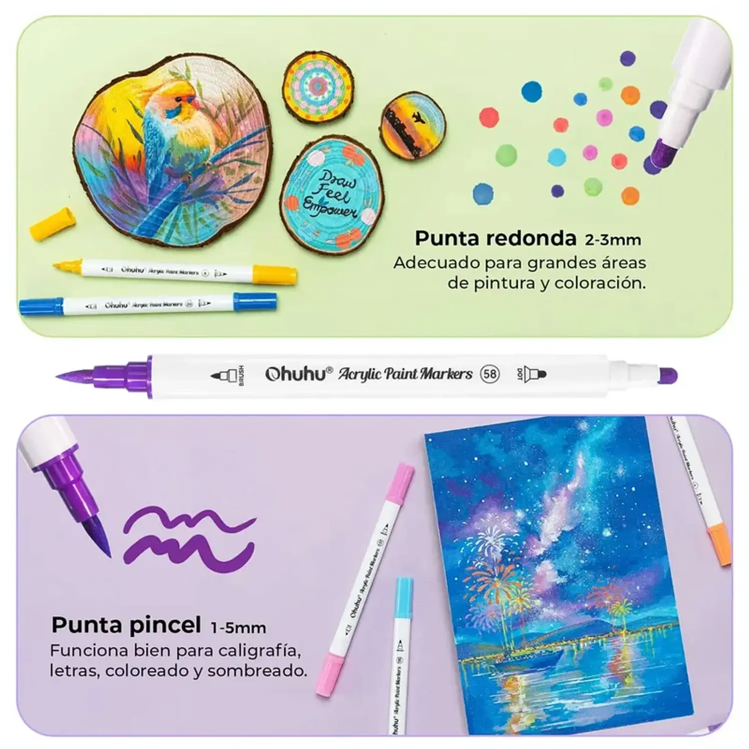 Ohuhu – Marcadores Acrílicos Akaka – 72 Colores – Doble Punta Pincel y Redonda – 4