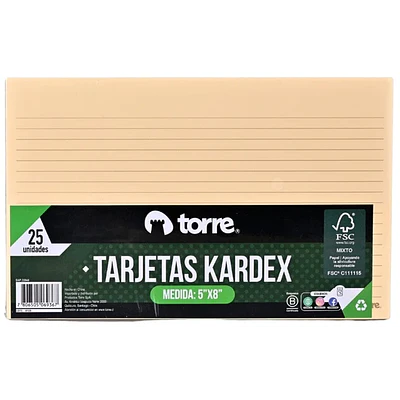 Torre – Tarjetas Kardex 5 x 8 Pulgadas – 25 Unidades