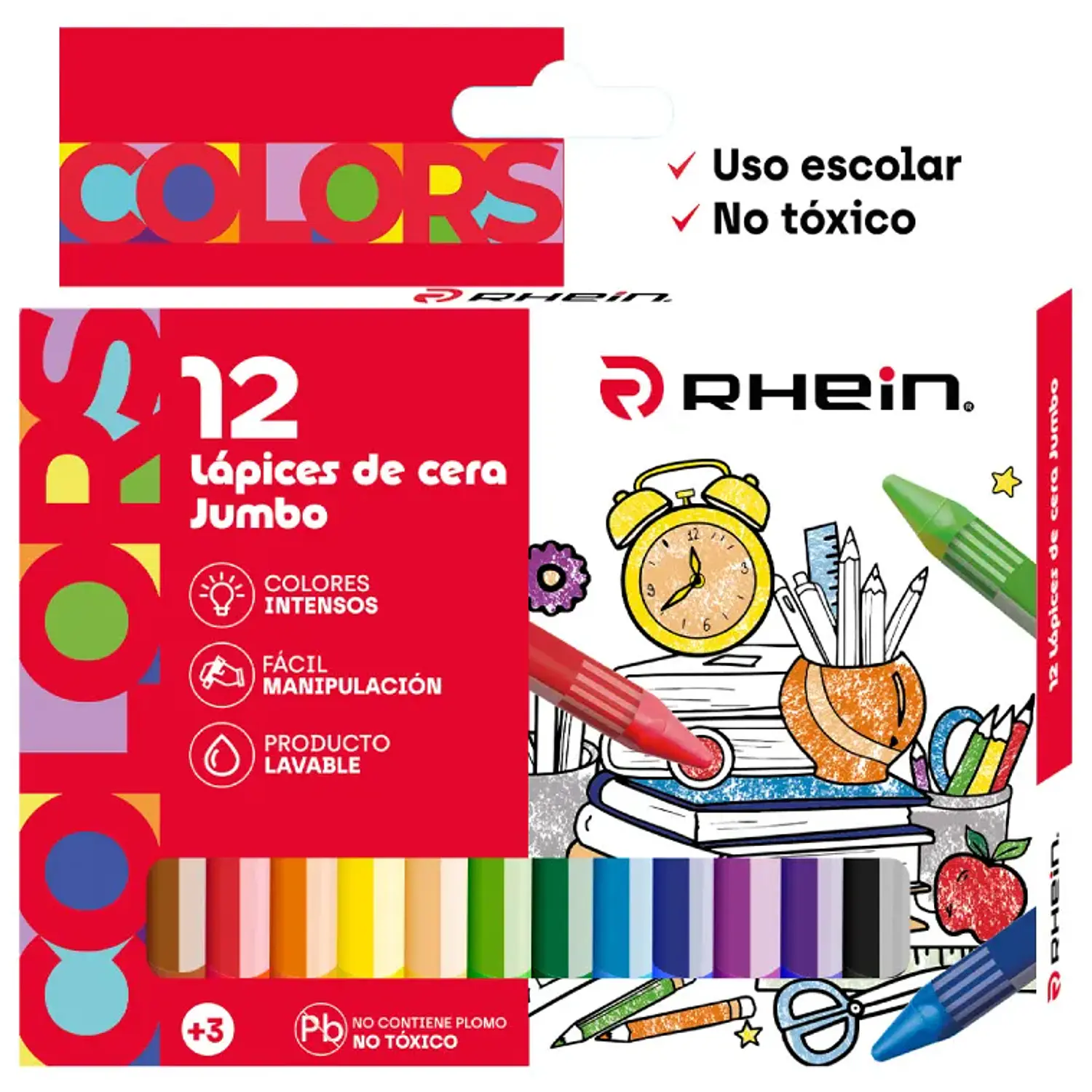 Rhein - Lapices Cera Jumbo 12 Colores Triangular  – 1