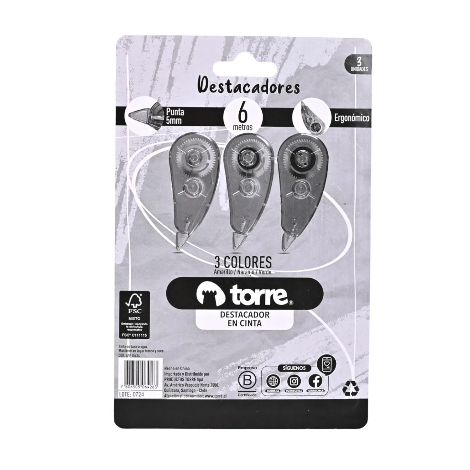 Torre – Destacador en Cinta Colores Mix – Set de 3 Unidades – 3