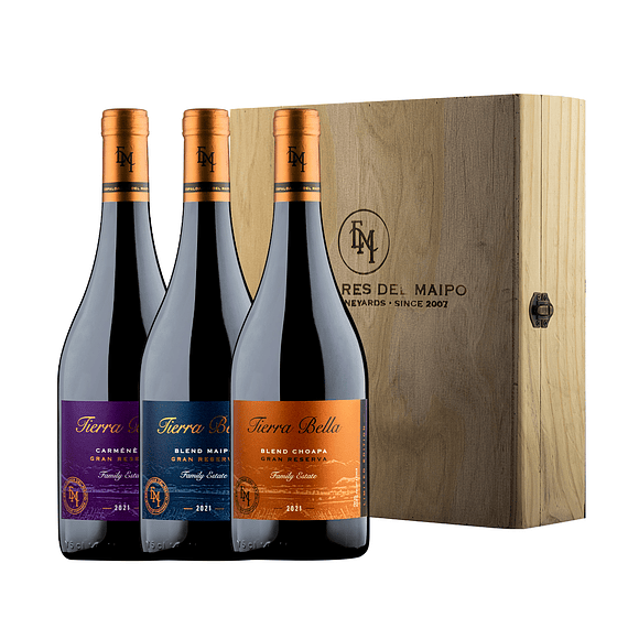 Caja de Madera x 3 Vinos Tierra Bella Gran Reserva Premiun variedades 