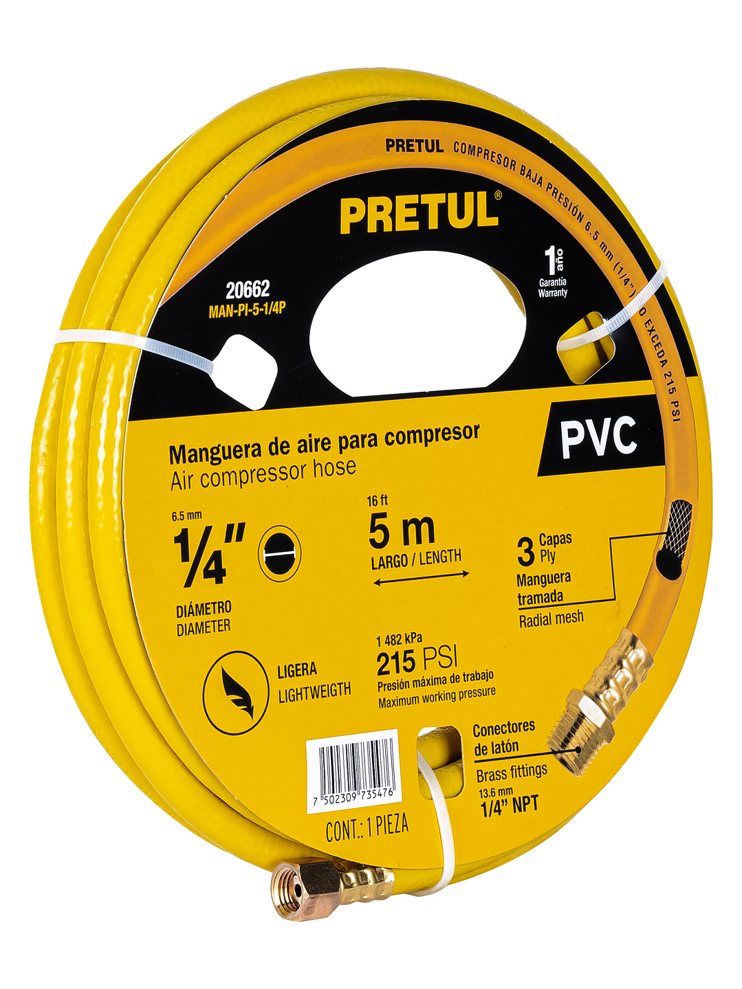 Manguera para compresor, de PVC, 5m x 1/4