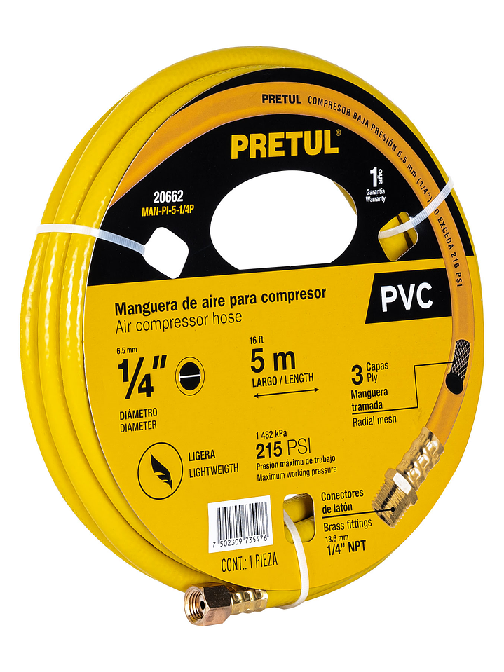 Manguera para compresor, de PVC, 5m x 1/4