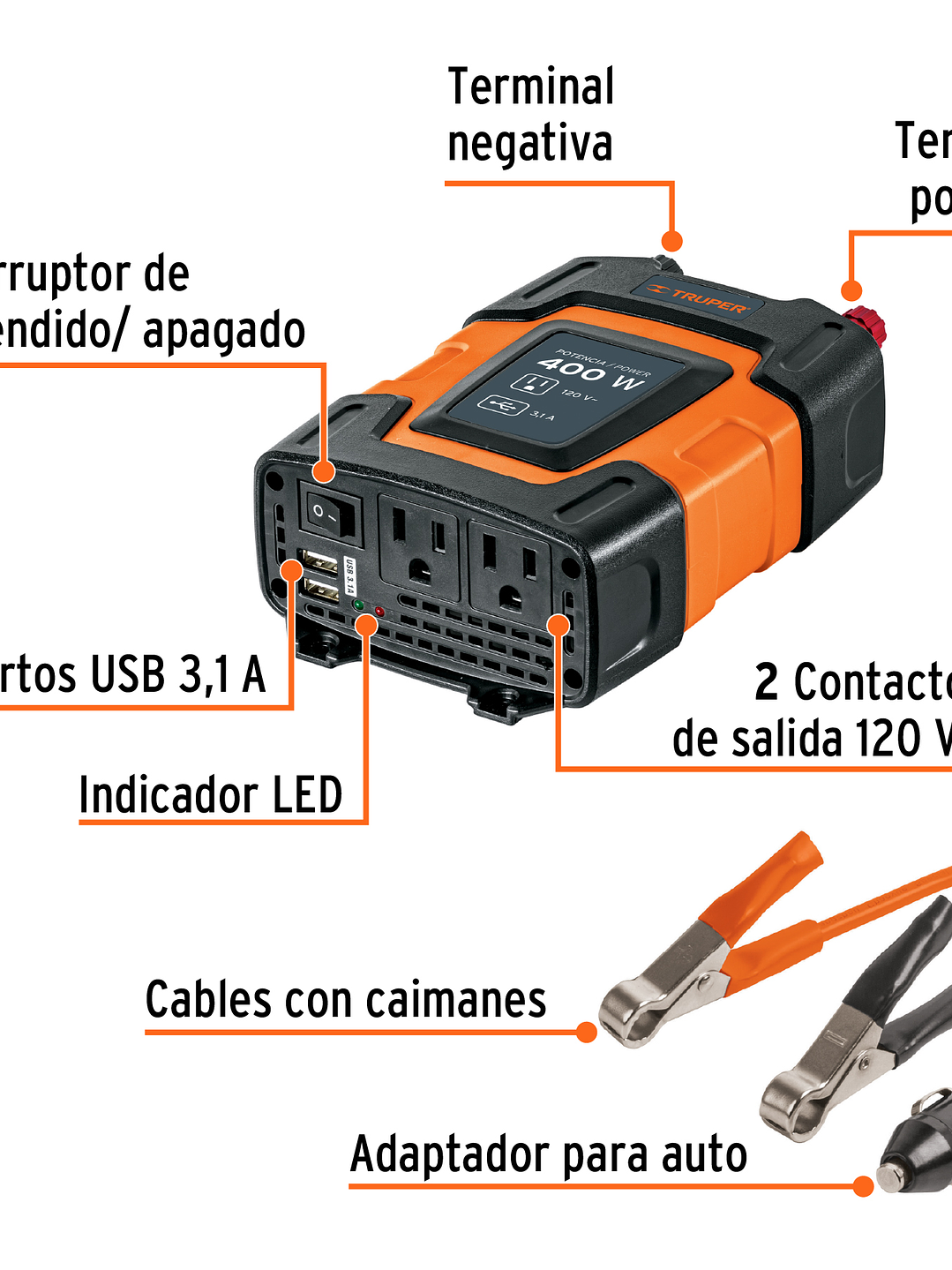 Inversor de corriente de 400 W con puertos USB, Truper 10449 5