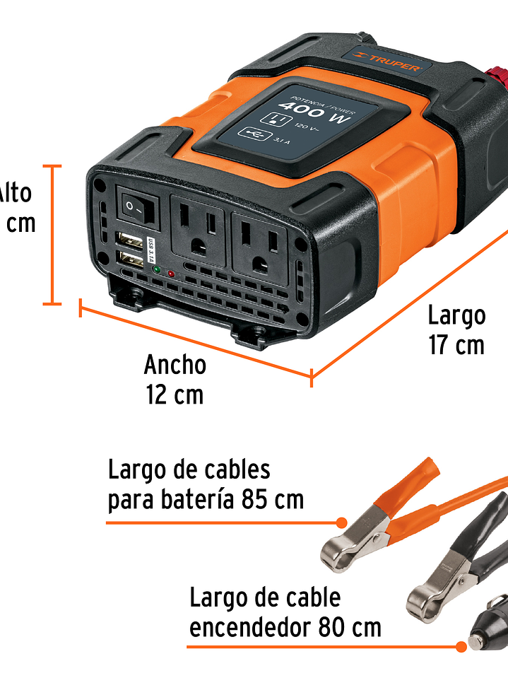 Inversor de corriente de 400 W con puertos USB, Truper 10449 6