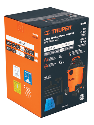 Aspiradora de sólidos y líquidos, 6 gal, plástica, TRUPER 12092
