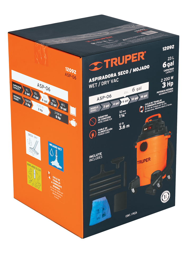 Aspiradora de sólidos y líquidos, 6 gal, plástica, TRUPER 12092 1