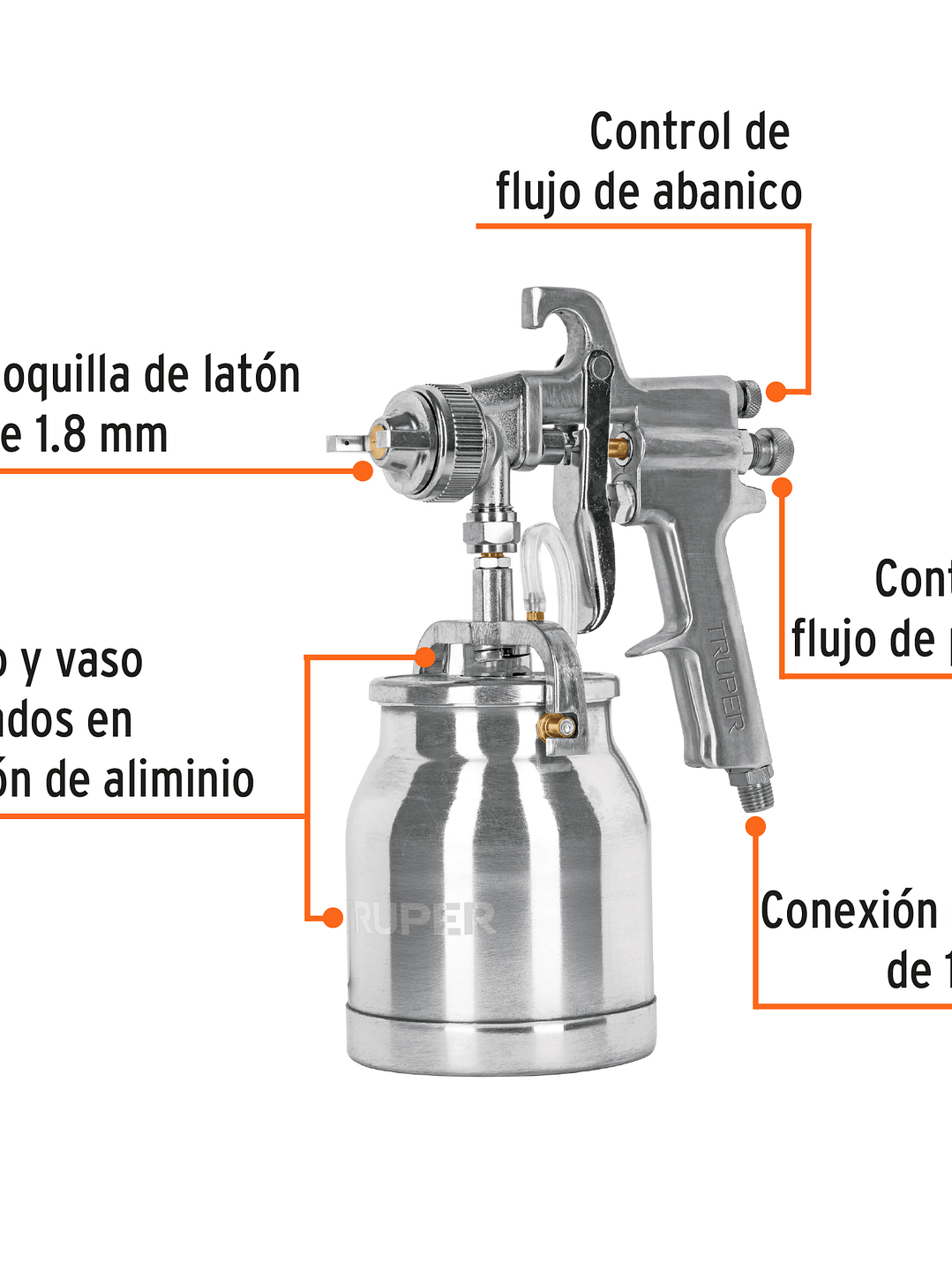 Pistola p/pintar succión HVHP vaso alum, 1.8mm, 2 vál Truper 14087 5