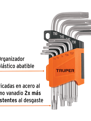 Juego de 9 llaves torx con organizador abatible, TRUPER 15554