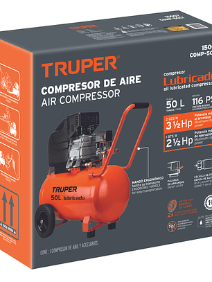 Compresor lubricado, 50L, 3-1/2HP, horizontal, 127V, TRUPER 15007