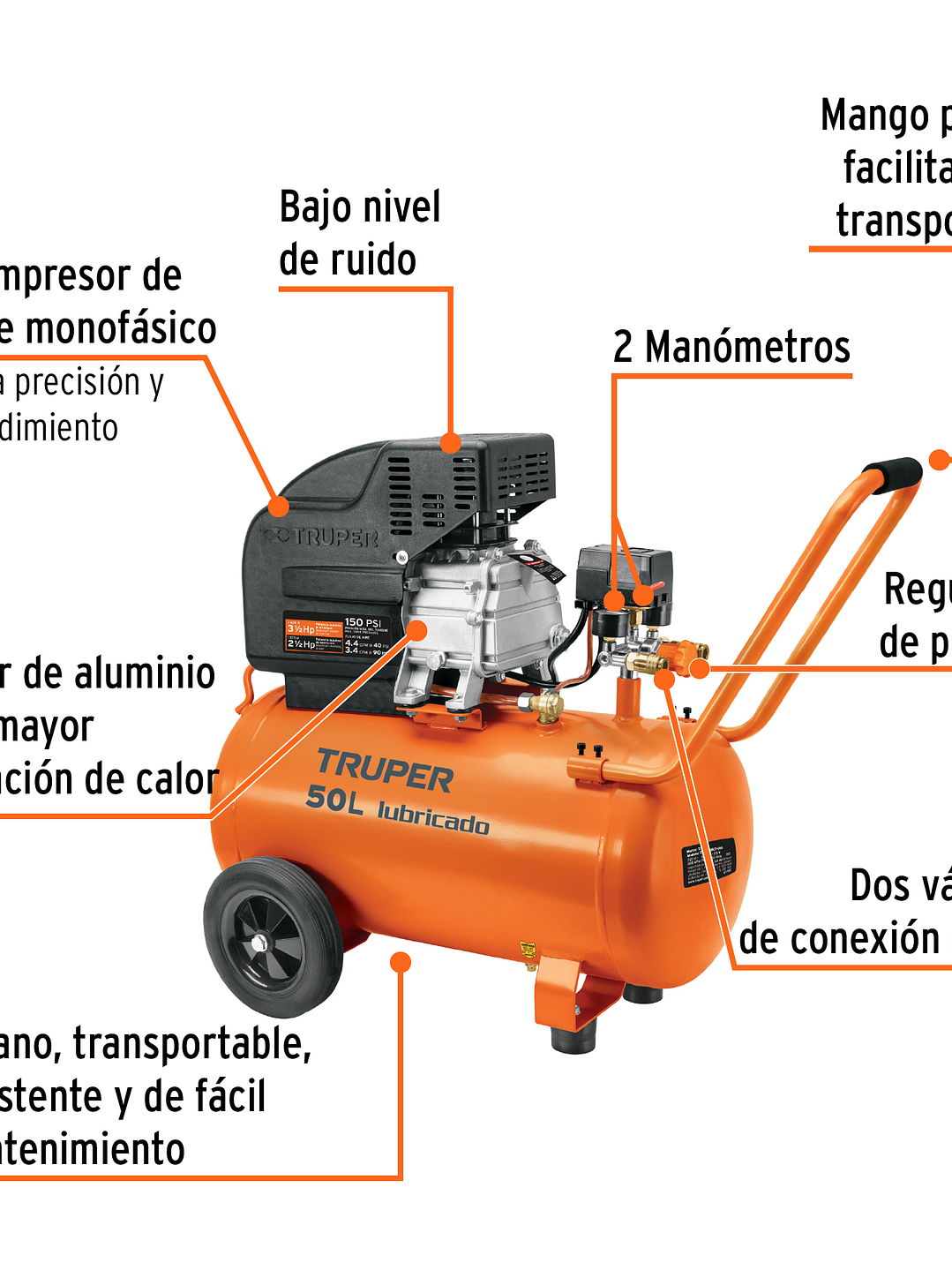 Compresor lubricado, 50L, 3-1/2HP, horizontal, 127V, TRUPER 15007 2