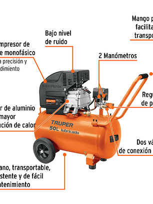 Compresor lubricado, 50L, 3-1/2HP, horizontal, 127V, TRUPER 15007