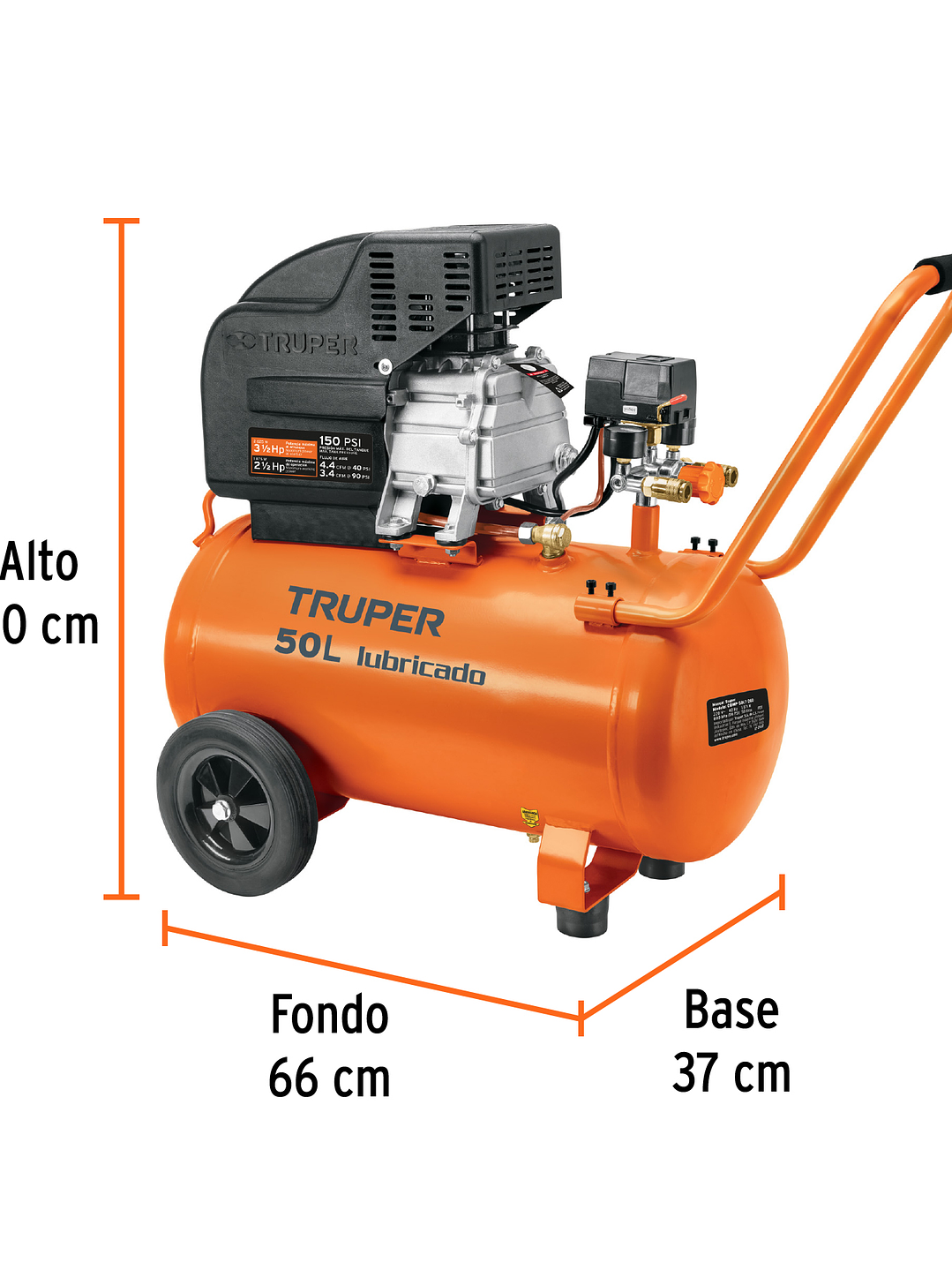 Compresor lubricado, 50L, 3-1/2HP, horizontal, 127V, TRUPER 15007 3