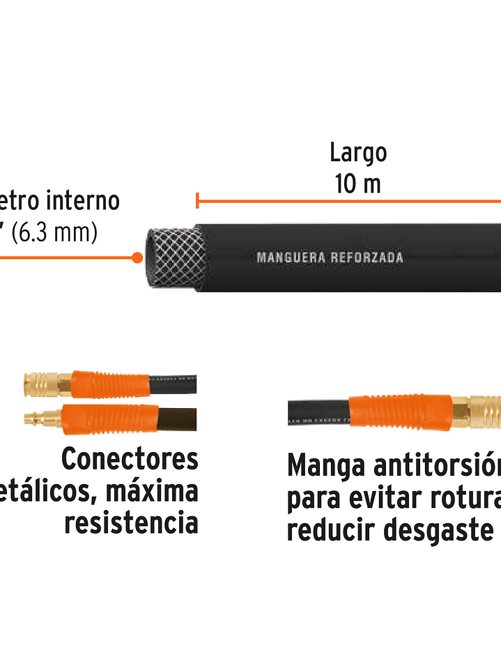 Manguera para compresor, de hule, 10m x 1/4