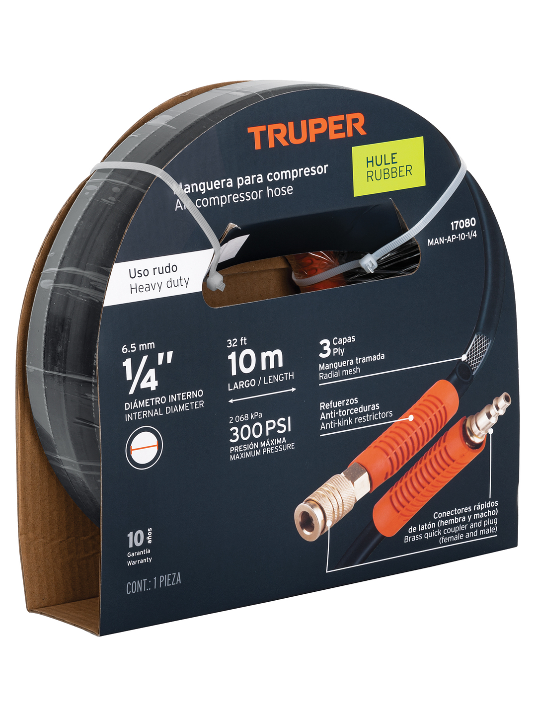 Manguera para compresor, de hule, 10m x 1/4