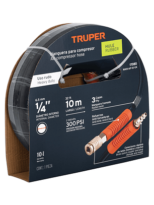 Manguera para compresor, de hule, 10m x 1/4