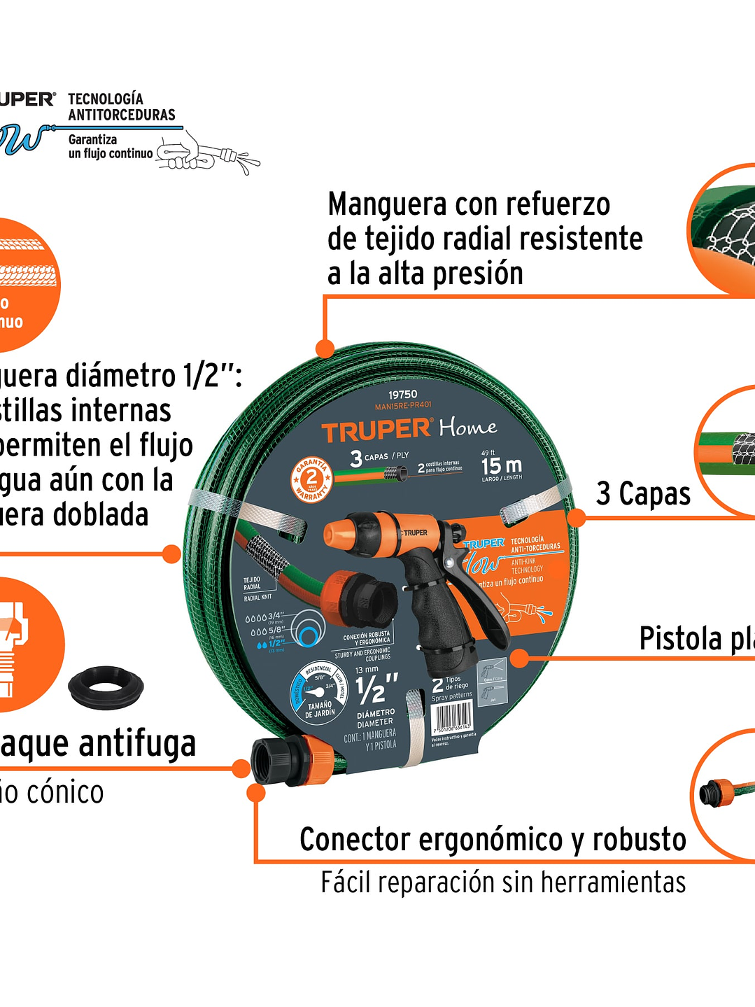 Combo manguera  y pistola de riego truper 19750 4